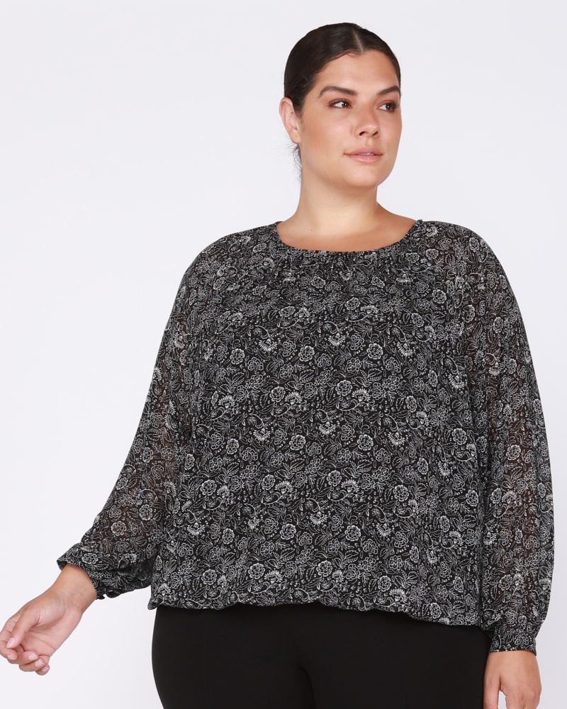 Front of a model wearing a size 0X Bristol Elastic Waist Long Sleeve Top in Black / White by DEX PLUS. | dia_product_style_image_id:237809
